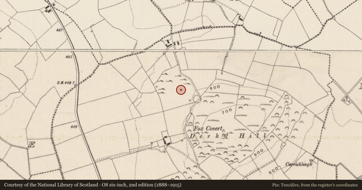 Ordnance Survey six-inch map, 2nd edition (1888–1915) covering the location of Enclosure, Knockderk, County Limerick, with a pin at the register's coordinates