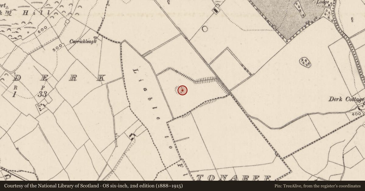 Ordnance Survey six-inch map, 2nd edition (1888–1915) covering the location of Barrow - ring-barrow, Derk, County Limerick, with a pin at the register's coordinates
