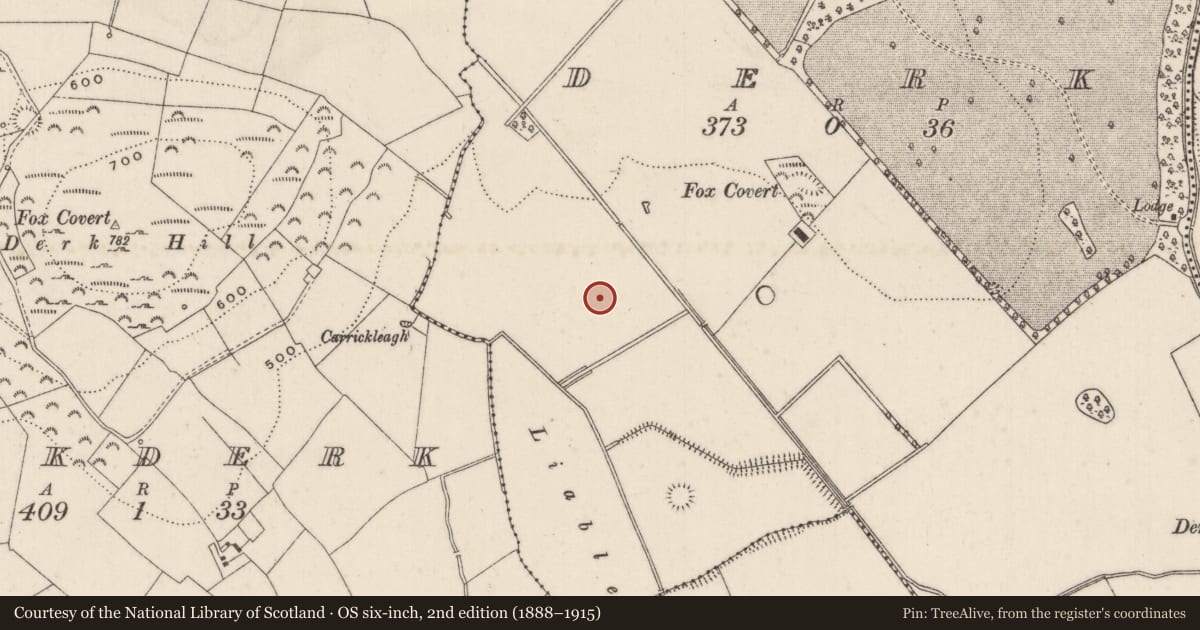 Ordnance Survey six-inch map, 2nd edition (1888–1915) covering the location of Barrow - ring-barrow, Derk, County Limerick, with a pin at the register's coordinates