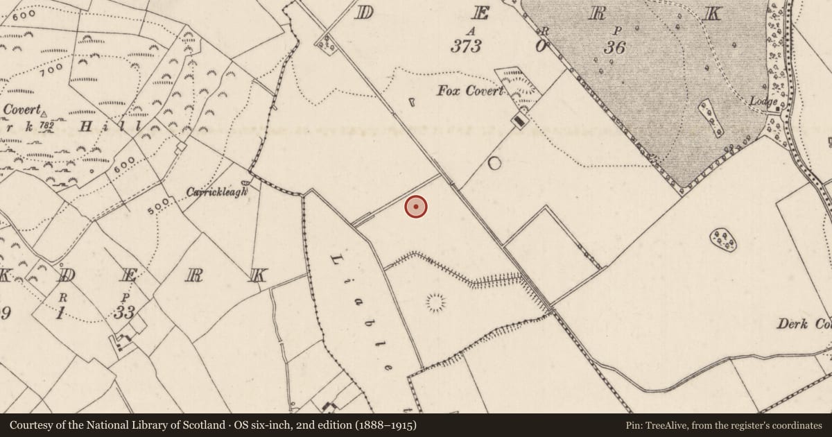 Ordnance Survey six-inch map, 2nd edition (1888–1915) covering the location of Barrow - ring-barrow, Derk, County Limerick, with a pin at the register's coordinates