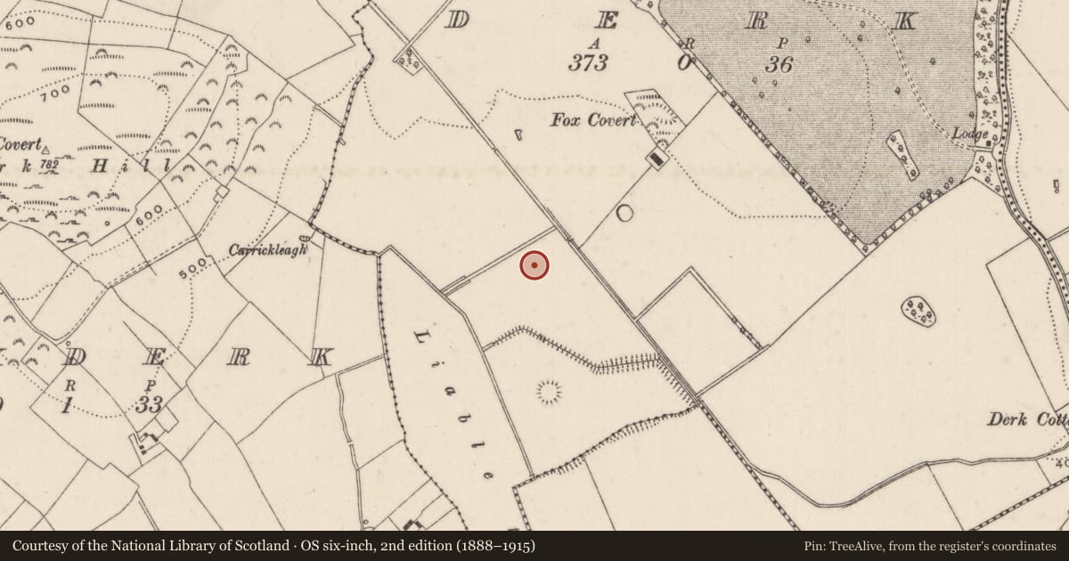 Ordnance Survey six-inch map, 2nd edition (1888–1915) covering the location of Barrow - ring-barrow, Derk, County Limerick, with a pin at the register's coordinates