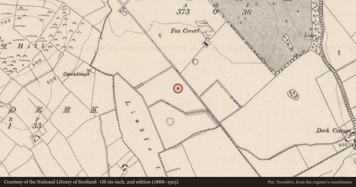 Ordnance Survey six-inch map, 2nd edition (1888–1915) covering the location of Barrow - pond barrow, Derk, County Limerick, with a pin at the register's coordinates