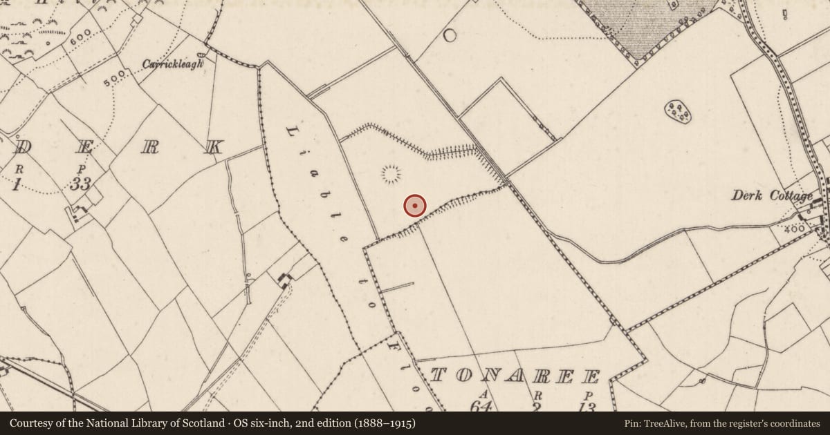 Ordnance Survey six-inch map, 2nd edition (1888–1915) covering the location of Barrow - ditch barrow, Derk, County Limerick, with a pin at the register's coordinates