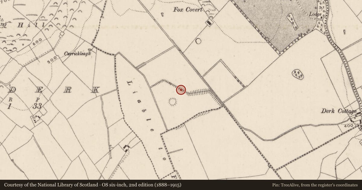 Ordnance Survey six-inch map, 2nd edition (1888–1915) covering the location of Earthwork, Derk, County Limerick, with a pin at the register's coordinates