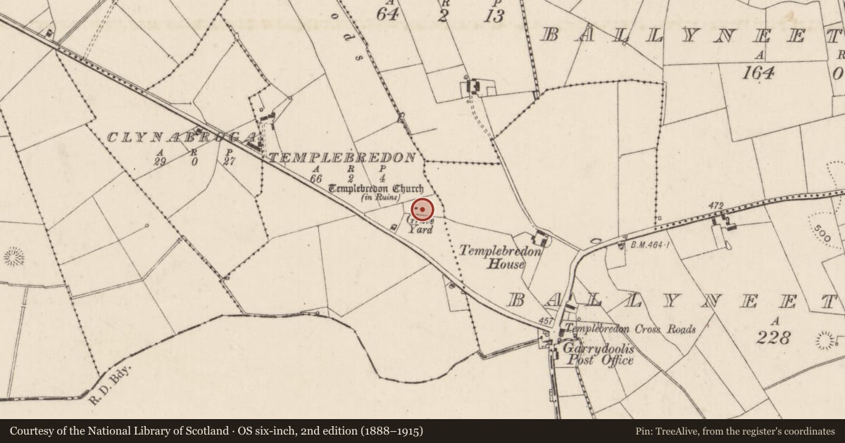 Ordnance Survey six-inch map, 2nd edition (1888–1915) covering the location of Church, Templebredon, County Limerick, with a pin at the register's coordinates