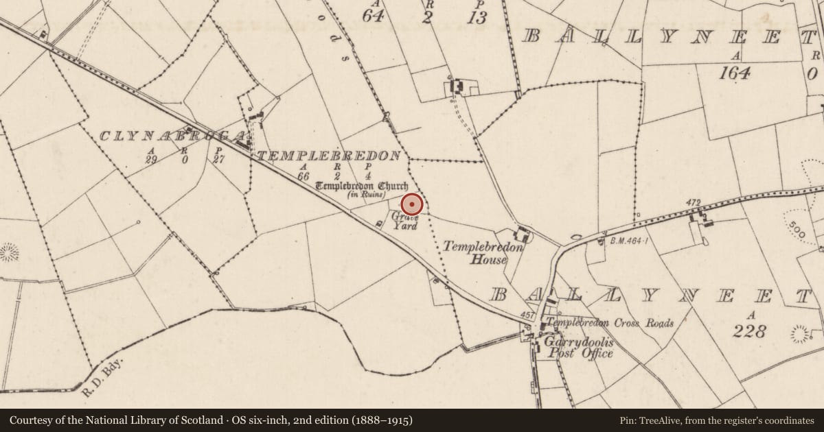 Ordnance Survey six-inch map, 2nd edition (1888–1915) covering the location of Graveyard, Templebredon, County Limerick, with a pin at the register's coordinates