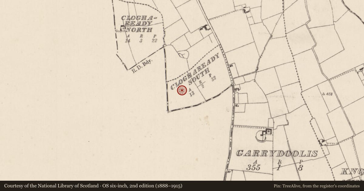 Ordnance Survey six-inch map, 2nd edition (1888–1915) covering the location of Earthwork, Cloghaready South, County Limerick, with a pin at the register's coordinates