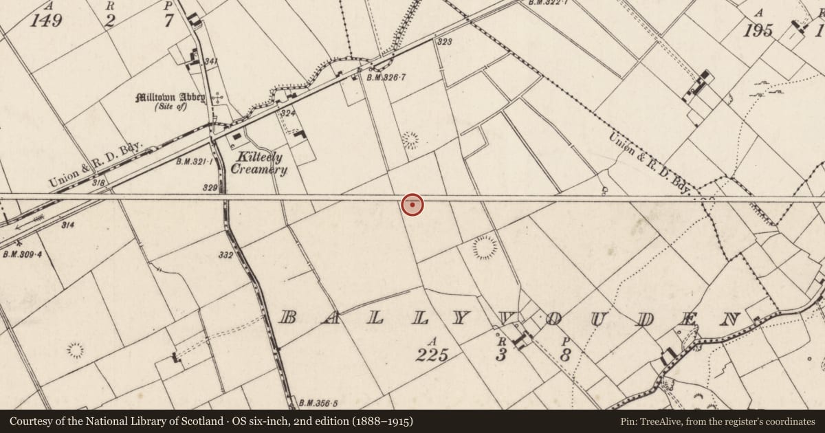 Ordnance Survey six-inch map, 2nd edition (1888–1915) covering the location of Enclosure, Ballyvouden, County Limerick, with a pin at the register's coordinates