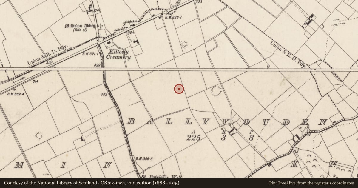 Ordnance Survey six-inch map, 2nd edition (1888–1915) covering the location of Enclosure, Ballyvouden, County Limerick, with a pin at the register's coordinates