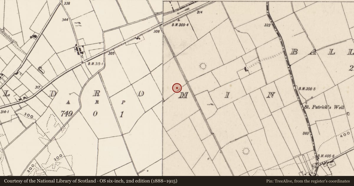 Ordnance Survey six-inch map, 2nd edition (1888–1915) covering the location of Enclosure, Kildromin, County Limerick, with a pin at the register's coordinates