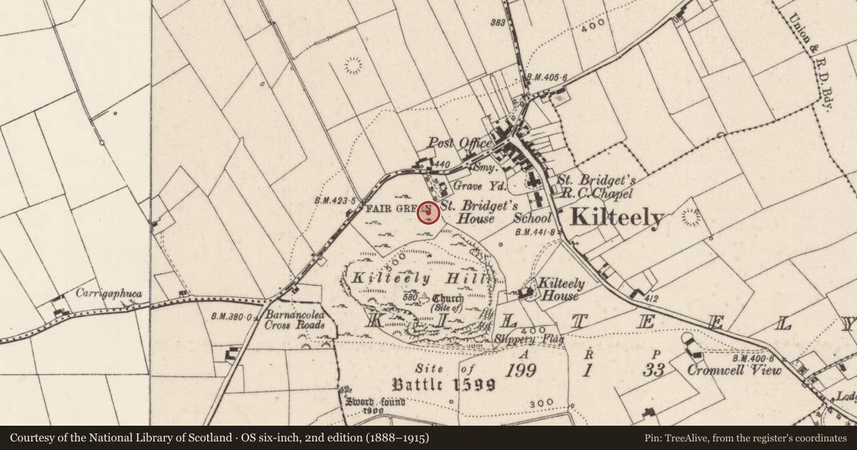 Ordnance Survey six-inch map, 2nd edition (1888–1915) covering the location of Enclosure, Kildromin, Kilteely, County Limerick, with a pin at the register's coordinates