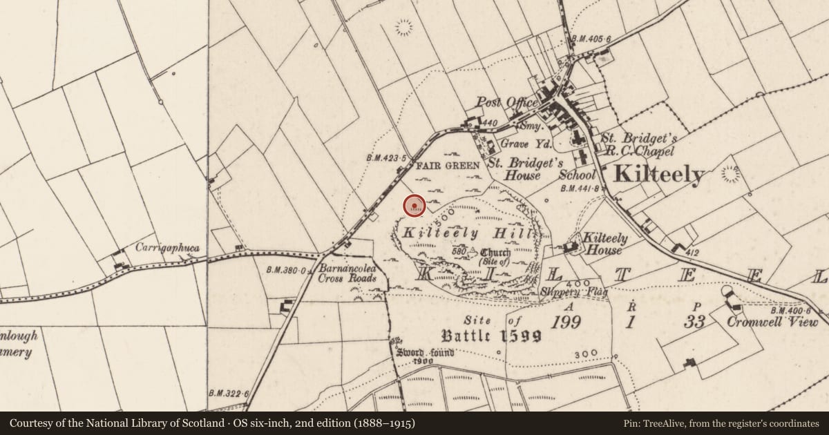 Ordnance Survey six-inch map, 2nd edition (1888–1915) covering the location of Enclosure, Kilteely, County Limerick, with a pin at the register's coordinates
