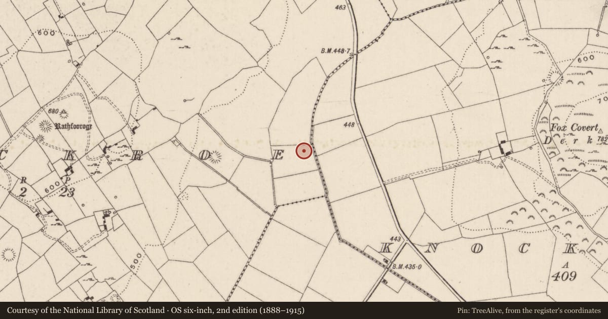 Ordnance Survey six-inch map, 2nd edition (1888–1915) covering the location of Enclosure, Knockroe, County Limerick, with a pin at the register's coordinates