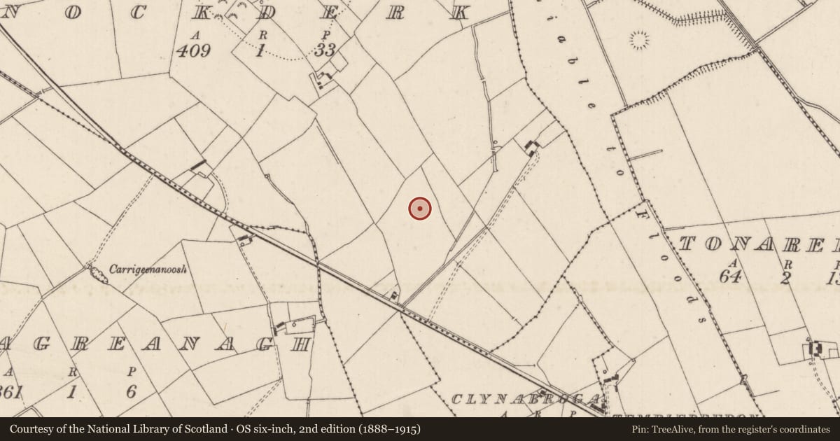 Ordnance Survey six-inch map, 2nd edition (1888–1915) covering the location of Barrow - ditch barrow, Knockderk, County Limerick, with a pin at the register's coordinates