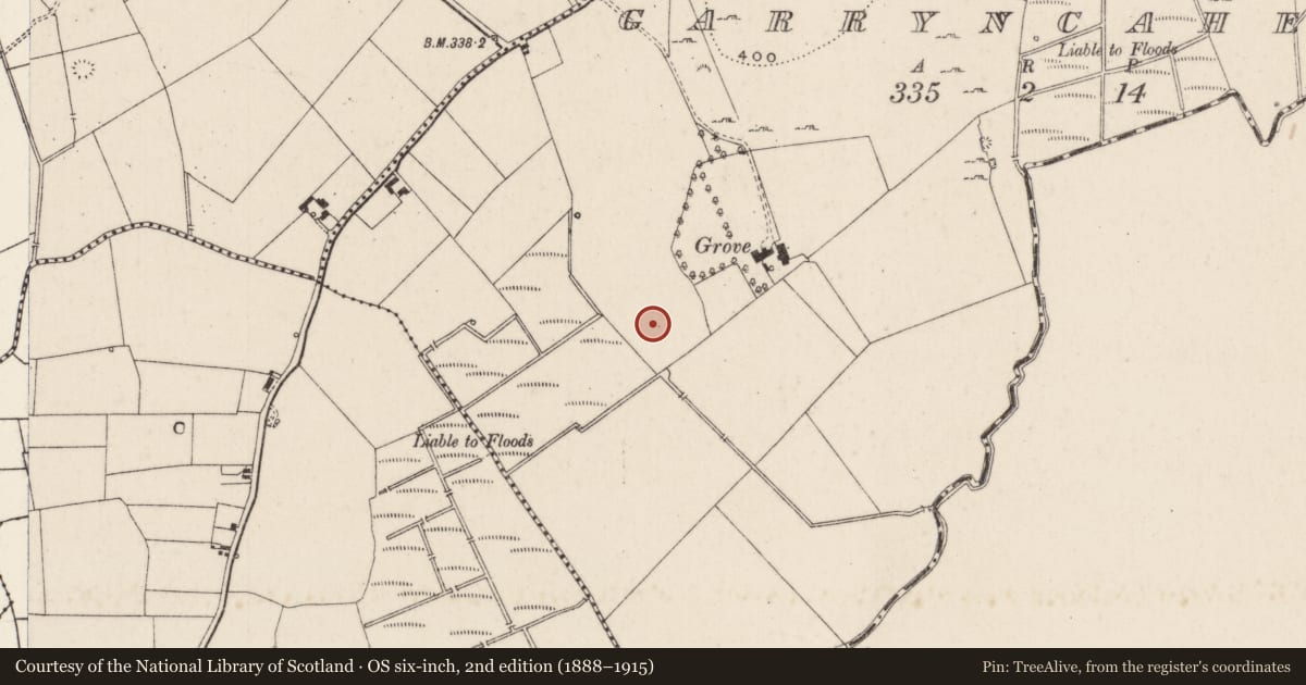 Ordnance Survey six-inch map, 2nd edition (1888–1915) covering the location of Enclosure, Garryncahera, County Limerick, with a pin at the register's coordinates