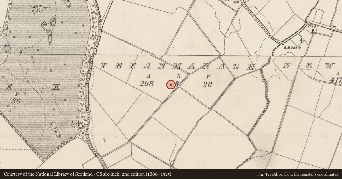 Ordnance Survey six-inch map, 2nd edition (1888–1915) covering the location of Enclosure, Treanmanagh, County Limerick, with a pin at the register's coordinates