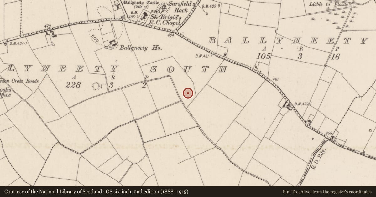Ordnance Survey six-inch map, 2nd edition (1888–1915) covering the location of Enclosure, Ballyneety South, County Limerick, with a pin at the register's coordinates