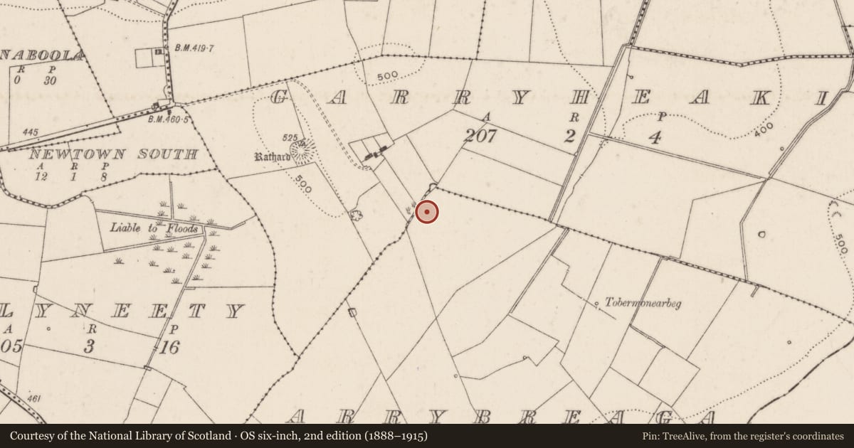 Ordnance Survey six-inch map, 2nd edition (1888–1915) covering the location of Barrow - unclassified, Arrybreaga, County Limerick, with a pin at the register's coordinates