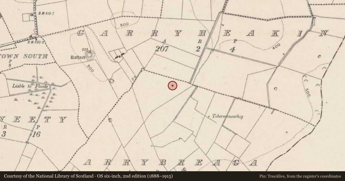 Ordnance Survey six-inch map, 2nd edition (1888–1915) covering the location of Barrow - unclassified, Arrybreaga, County Limerick, with a pin at the register's coordinates