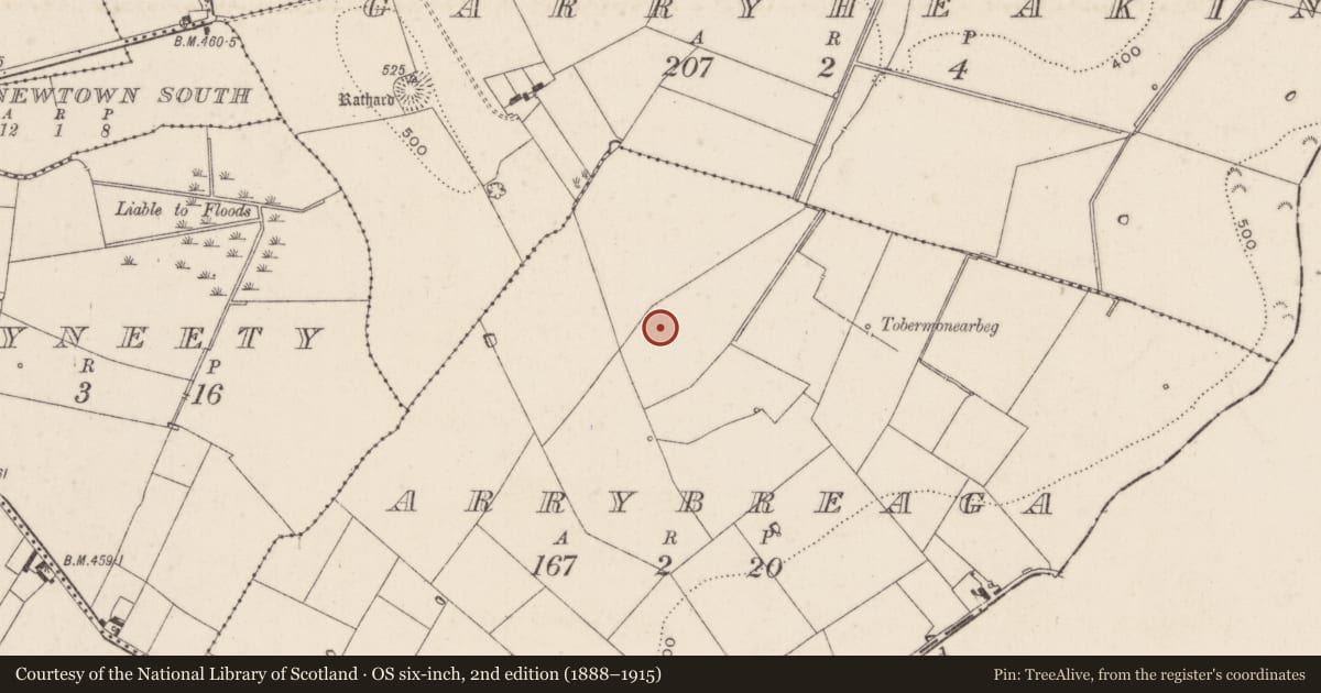 Ordnance Survey six-inch map, 2nd edition (1888–1915) covering the location of Enclosure, Arrybreaga, County Limerick, with a pin at the register's coordinates