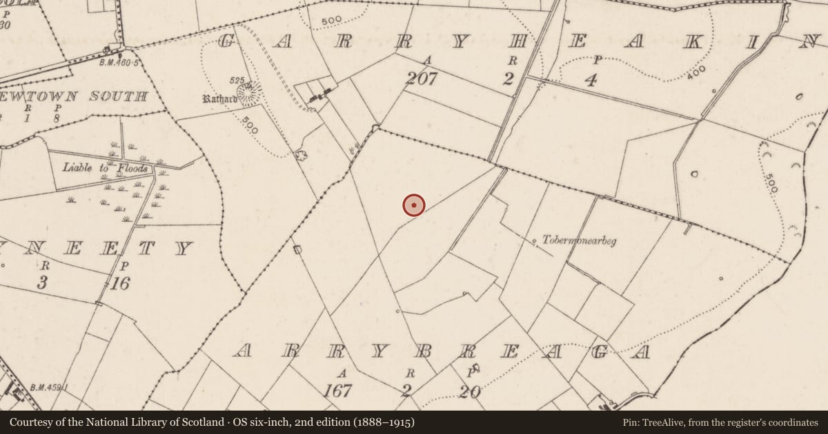 Ordnance Survey six-inch map, 2nd edition (1888–1915) covering the location of Earthwork, Arrybreaga, County Limerick, with a pin at the register's coordinates