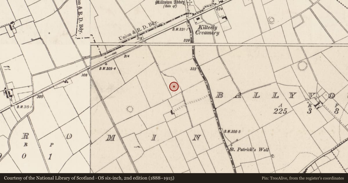 Ordnance Survey six-inch map, 2nd edition (1888–1915) covering the location of Enclosure, Kildromin, County Limerick, with a pin at the register's coordinates