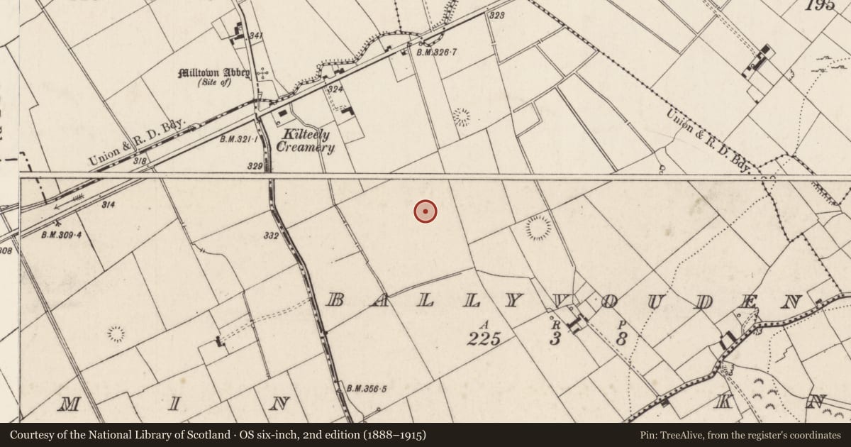 Ordnance Survey six-inch map, 2nd edition (1888–1915) covering the location of Earthwork, Ballyvouden, County Limerick, with a pin at the register's coordinates