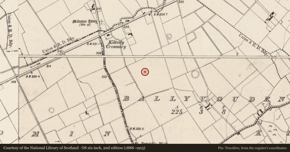 Ordnance Survey six-inch map, 2nd edition (1888–1915) covering the location of Enclosure, Ballyvouden, County Limerick, with a pin at the register's coordinates