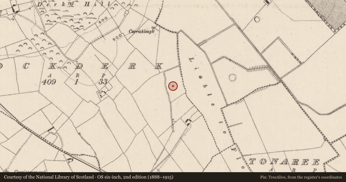 Ordnance Survey six-inch map, 2nd edition (1888–1915) covering the location of Barrow - ditch barrow, Knockderk, County Limerick, with a pin at the register's coordinates