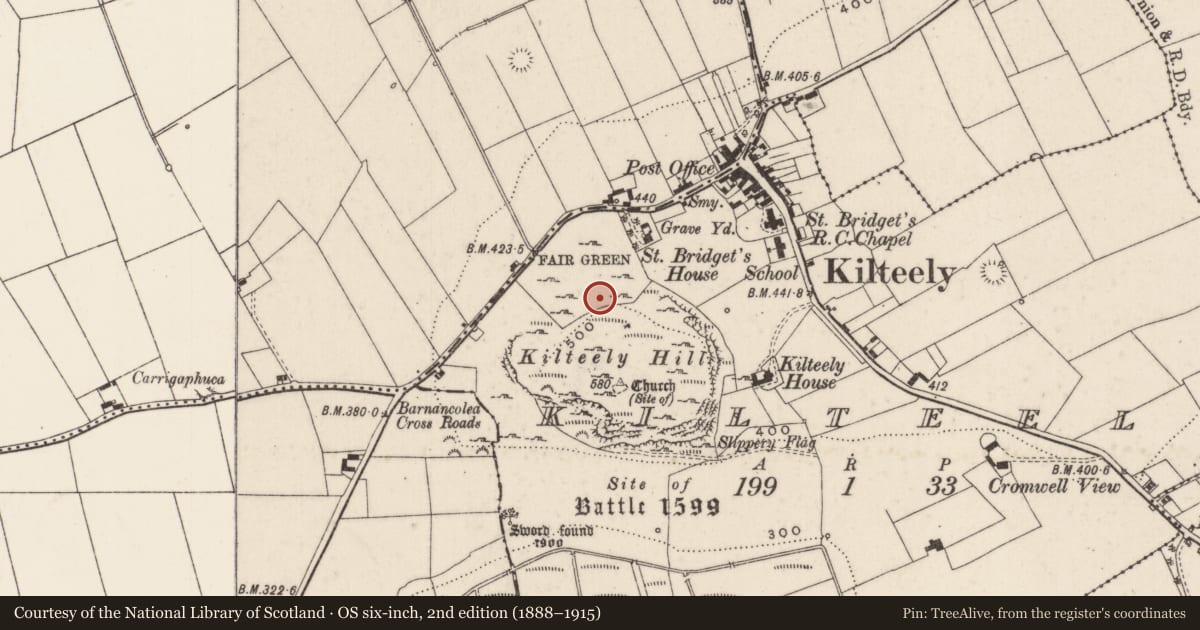 Ordnance Survey six-inch map, 2nd edition (1888–1915) covering the location of Enclosure, Kilteely, County Limerick, with a pin at the register's coordinates