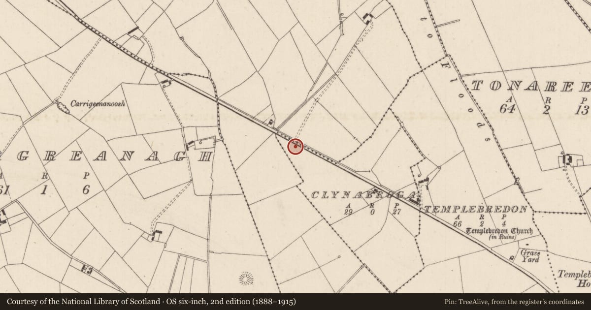 Ordnance Survey six-inch map, 2nd edition (1888–1915) covering the location of Barrow - ditch barrow, Clynabroga, County Limerick, with a pin at the register's coordinates