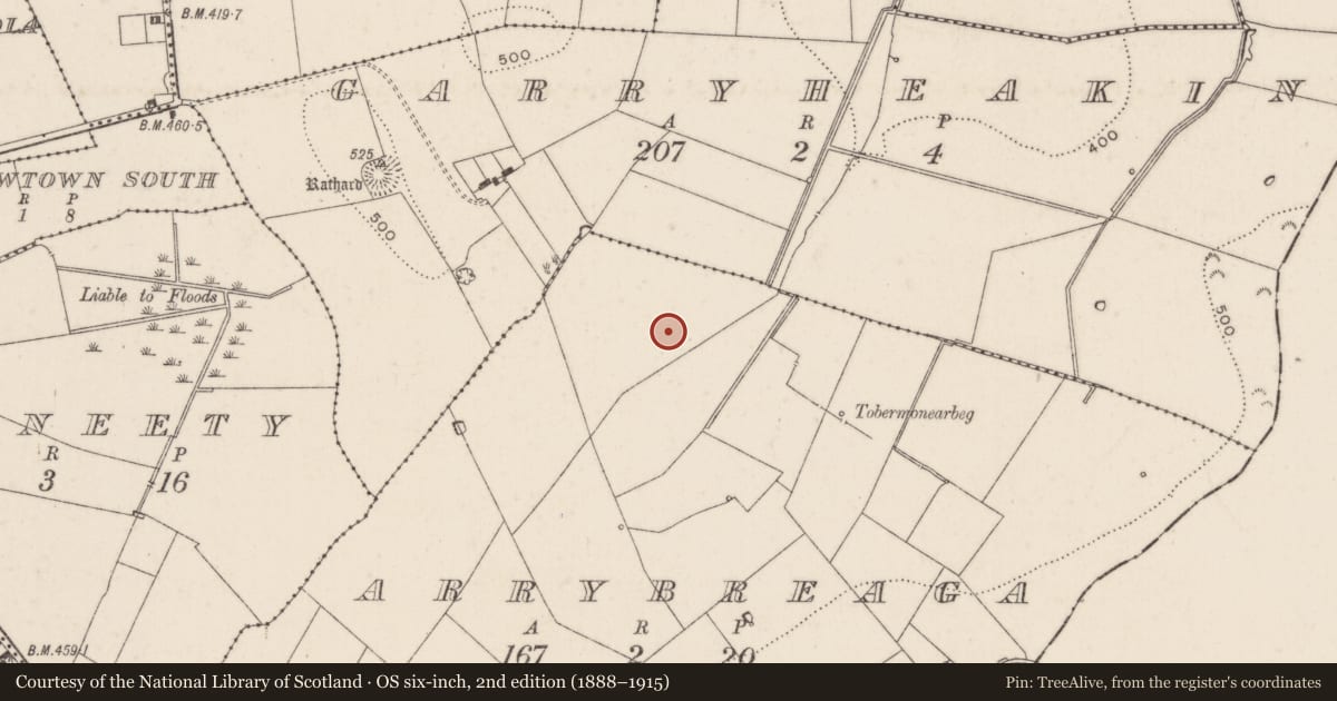 Ordnance Survey six-inch map, 2nd edition (1888–1915) covering the location of Barrow - unclassified, Arrybreaga, County Limerick, with a pin at the register's coordinates