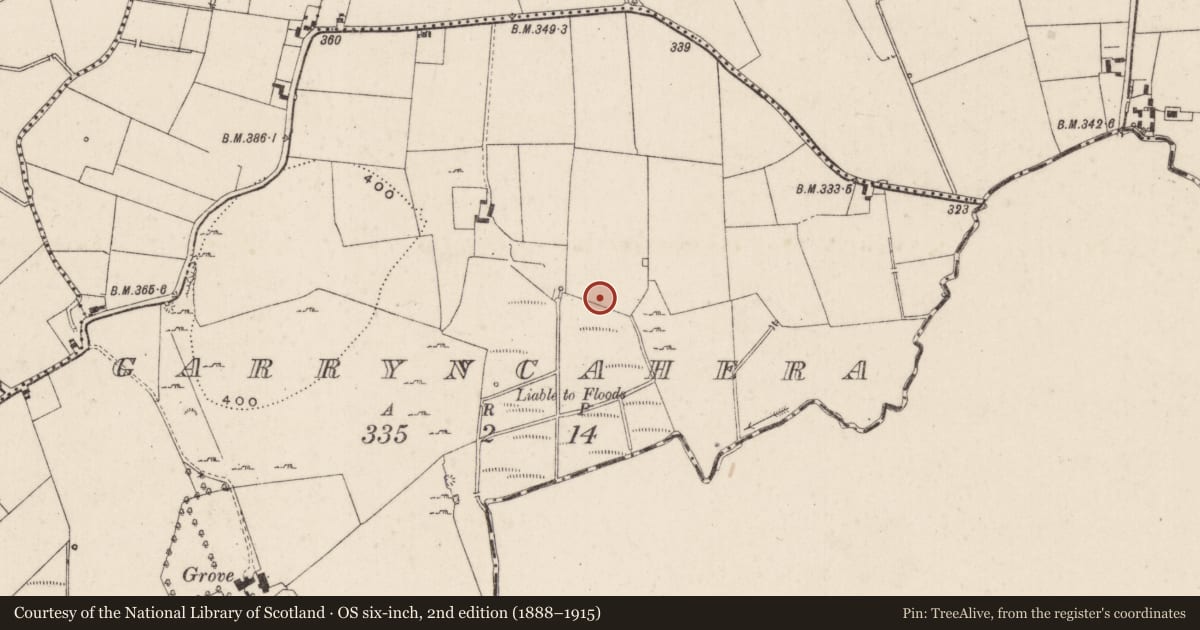 Ordnance Survey six-inch map, 2nd edition (1888–1915) covering the location of Earthwork, Garryncahera, County Limerick, with a pin at the register's coordinates