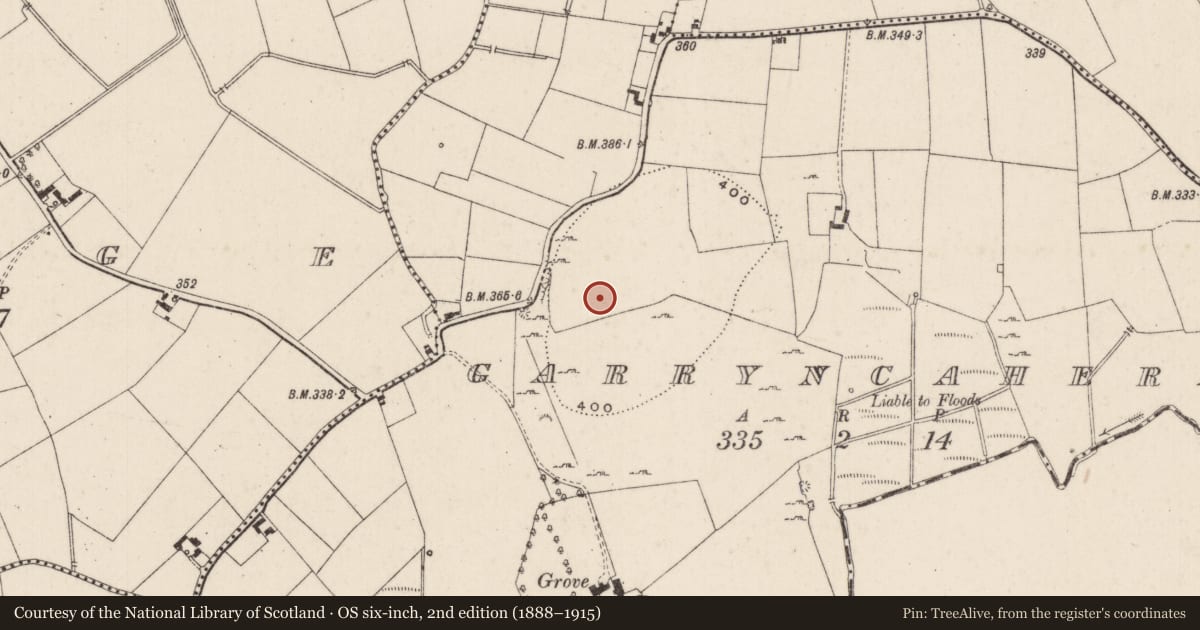 Ordnance Survey six-inch map, 2nd edition (1888–1915) covering the location of Earthwork, Garryncahera, County Limerick, with a pin at the register's coordinates