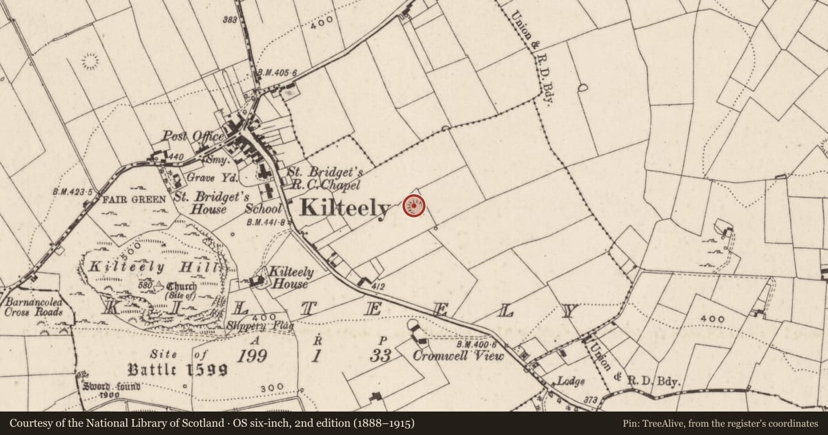 Ordnance Survey six-inch map, 2nd edition (1888–1915) covering the location of Hut site, Kilteely, County Limerick, with a pin at the register's coordinates