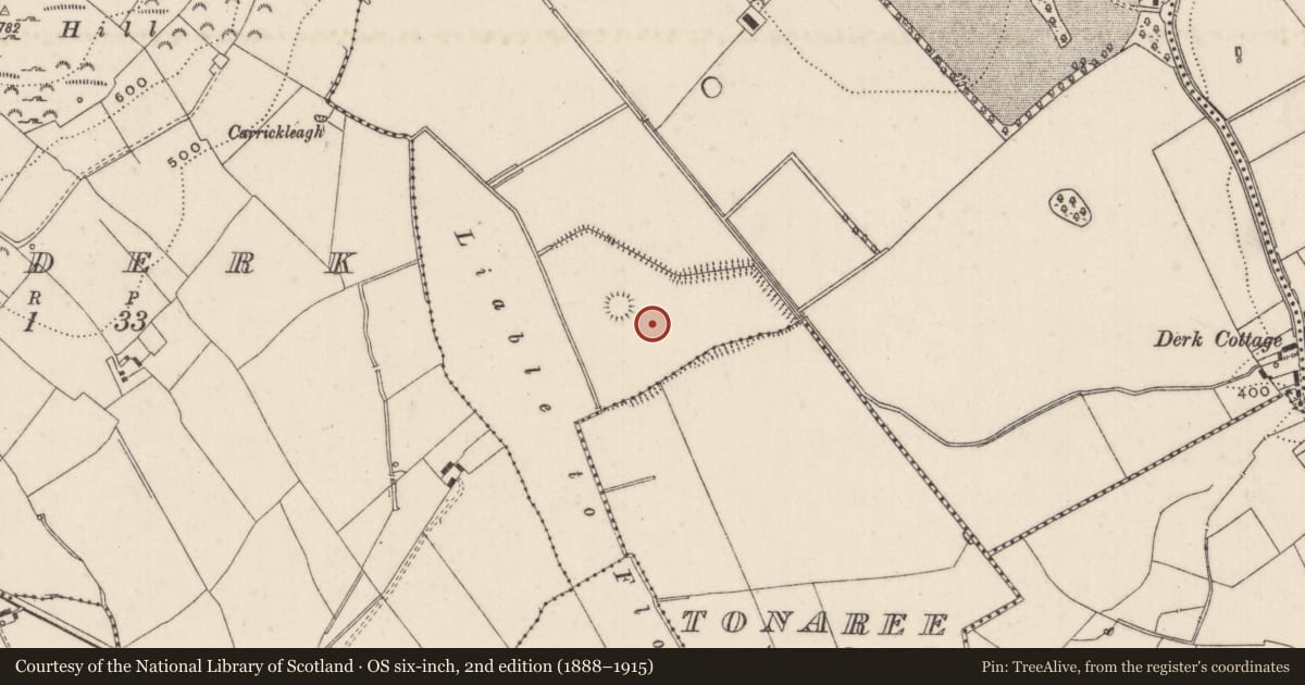 Ordnance Survey six-inch map, 2nd edition (1888–1915) covering the location of Barrow - ditch barrow, Derk, County Limerick, with a pin at the register's coordinates