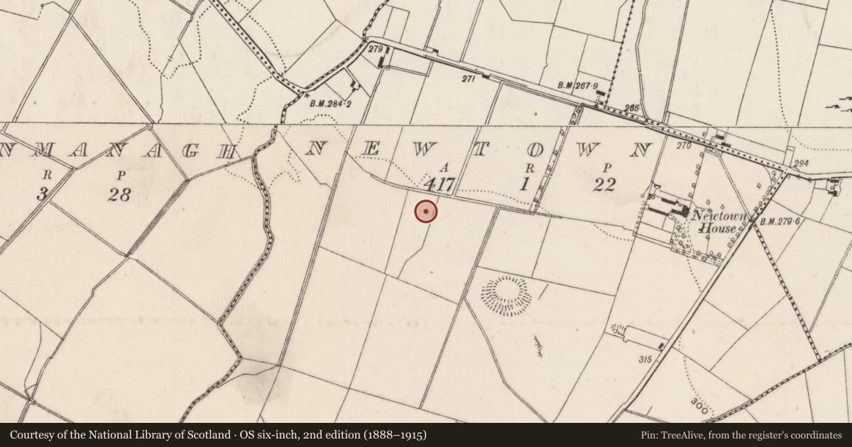 Ordnance Survey six-inch map, 2nd edition (1888–1915) covering the location of Earthwork, Newtown, County Limerick, with a pin at the register's coordinates