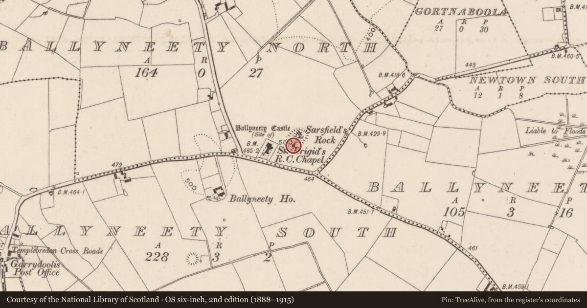 Ordnance Survey six-inch map, 2nd edition (1888–1915) covering the location of Battlefield, Ballyneety North, Ballyneety South, County Limerick, with a pin at the register's coordinates