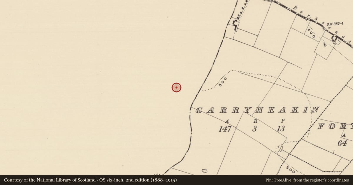 Ordnance Survey six-inch map, 2nd edition (1888–1915) covering the location of Barrow - ring-barrow, Garryheakin, County Limerick, with a pin at the register's coordinates