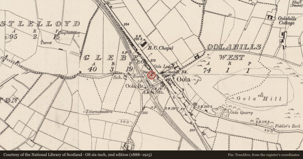 Ordnance Survey six-inch map, 2nd edition (1888–1915) covering the location of Graveyard, Glebe, County Limerick, with a pin at the register's coordinates