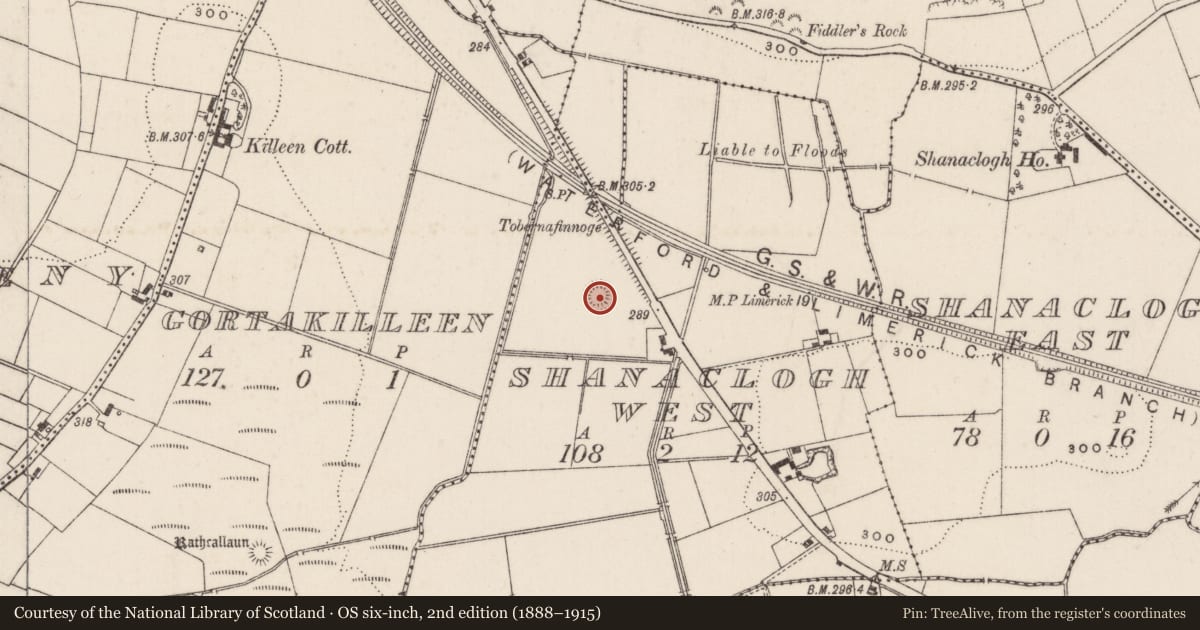 Ordnance Survey six-inch map, 2nd edition (1888–1915) covering the location of Barrow - unclassified, Shanaclogh West, County Limerick, with a pin at the register's coordinates