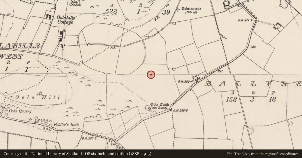 Ordnance Survey six-inch map, 2nd edition (1888–1915) covering the location of Settlement deserted - medieval, Oolahills East, County Limerick, with a pin at the register's coordinates