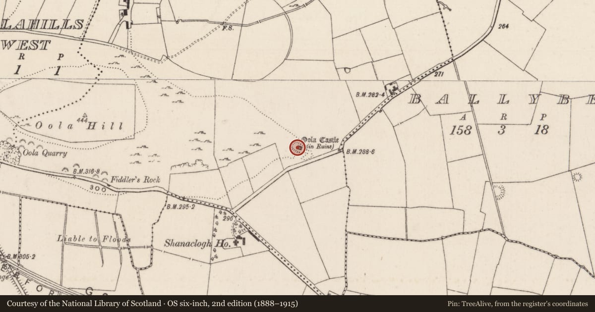 Ordnance Survey six-inch map, 2nd edition (1888–1915) covering the location of Earthwork, Oolahills East, County Limerick, with a pin at the register's coordinates