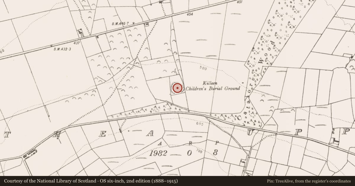 Ordnance Survey six-inch map, 2nd edition (1888–1915) covering the location of Children's burial ground, Athea Upper, County Limerick, with a pin at the register's coordinates