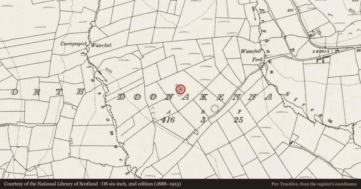 Ordnance Survey six-inch map, 2nd edition (1888–1915) covering the location of Ringfort - rath, Doonakenna, County Limerick, with a pin at the register's coordinates
