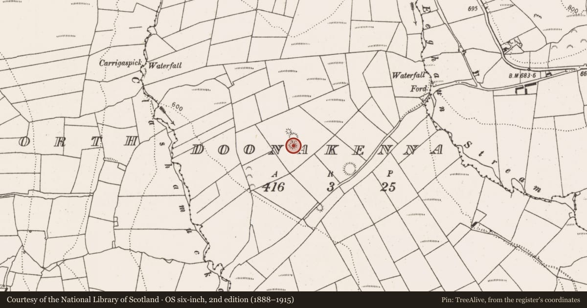 Ordnance Survey six-inch map, 2nd edition (1888–1915) covering the location of Ringfort - rath, Doonakenna, County Limerick, with a pin at the register's coordinates