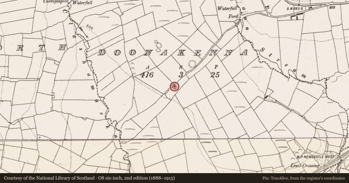 Ordnance Survey six-inch map, 2nd edition (1888–1915) covering the location of Ringfort - rath, Doonakenna, County Limerick, with a pin at the register's coordinates
