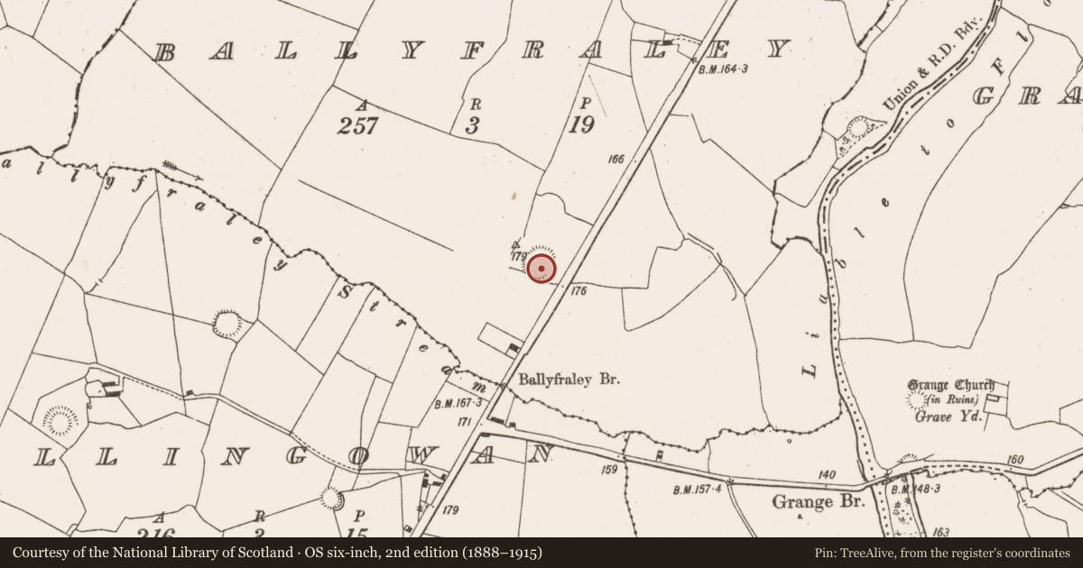Ordnance Survey six-inch map, 2nd edition (1888–1915) covering the location of Ringfort - rath, Ballyfraley, County Limerick, with a pin at the register's coordinates