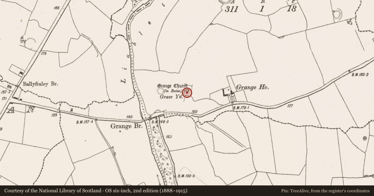 Ordnance Survey six-inch map, 2nd edition (1888–1915) covering the location of Church, Grange Lower, County Limerick, with a pin at the register's coordinates