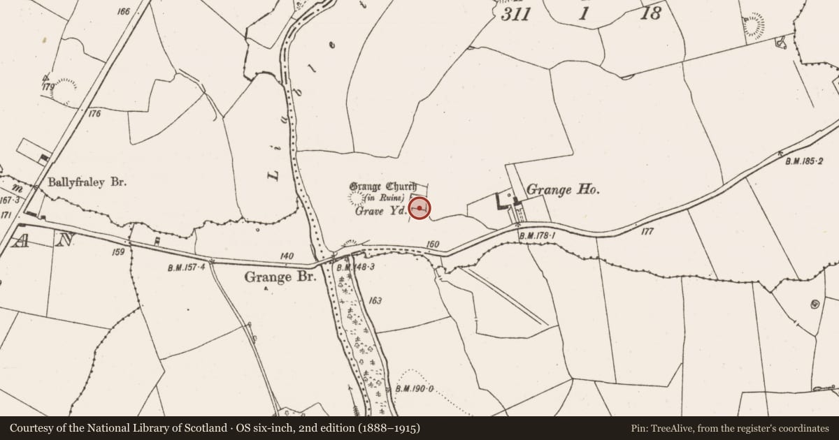 Ordnance Survey six-inch map, 2nd edition (1888–1915) covering the location of Graveyard, Grange Lower, County Limerick, with a pin at the register's coordinates